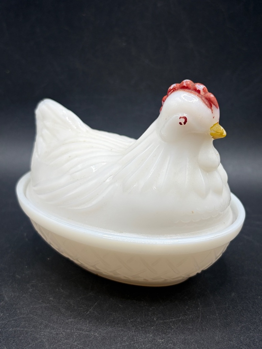 Hazel Atlas Vintage Painted Milk Glass Hen on Nest Cottagecore Bird Trinket Box